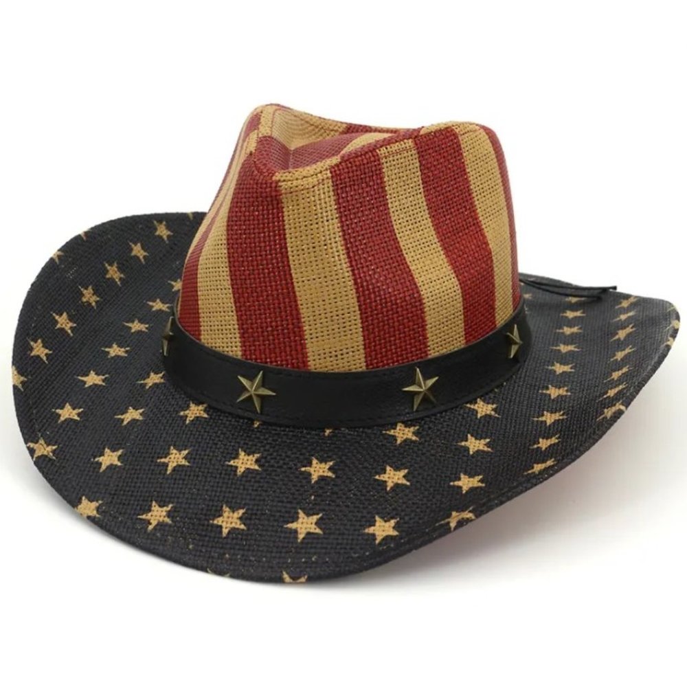 Men's American Flag Cowboy Hat, Stars Western Tea-Stained USA‎ Shape-It Brim